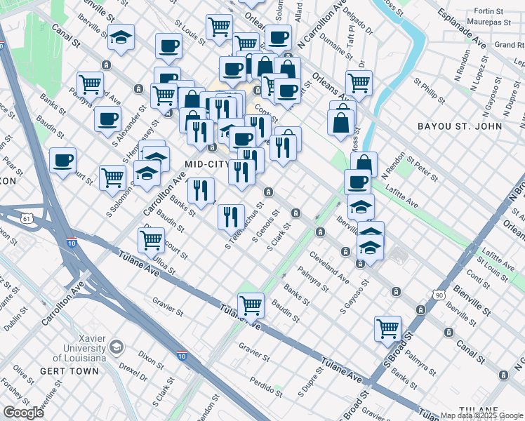 map of restaurants, bars, coffee shops, grocery stores, and more near 3720 Canal Street in New Orleans
