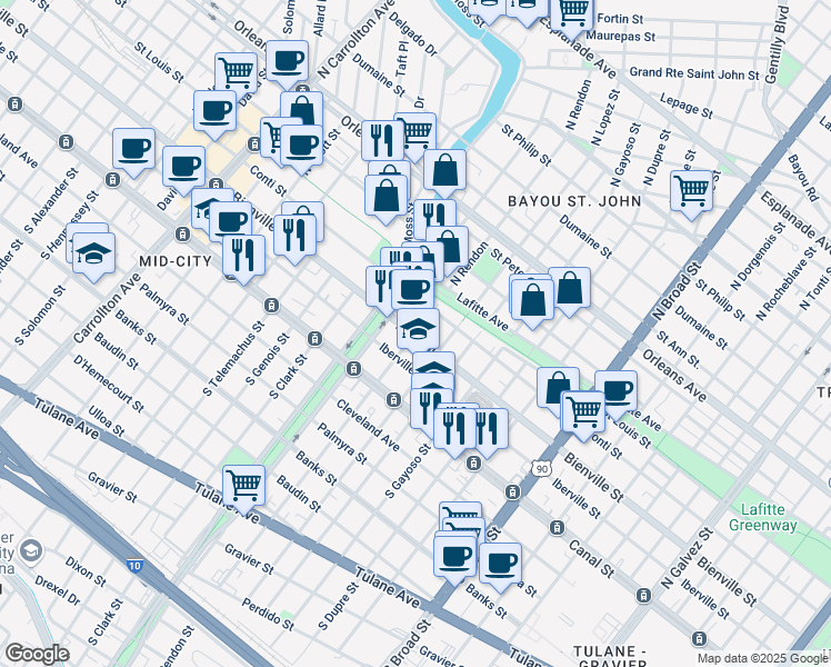 map of restaurants, bars, coffee shops, grocery stores, and more near Bienville St & N Rendon St in New Orleans