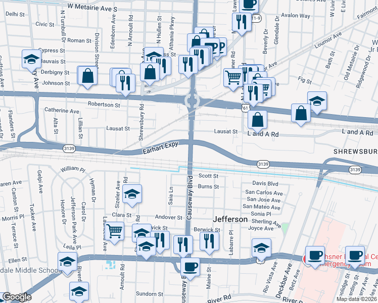 map of restaurants, bars, coffee shops, grocery stores, and more near 1700 Causeway Boulevard in Metairie