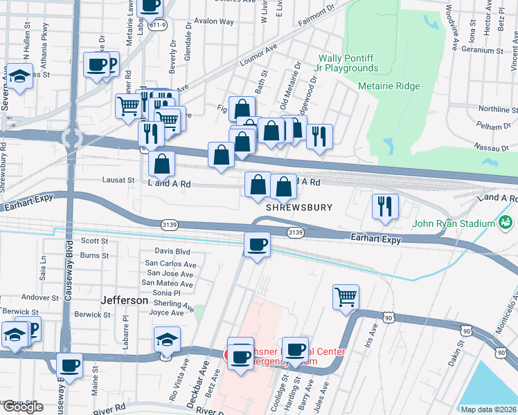 map of restaurants, bars, coffee shops, grocery stores, and more near 1604 Justin Road in Metairie
