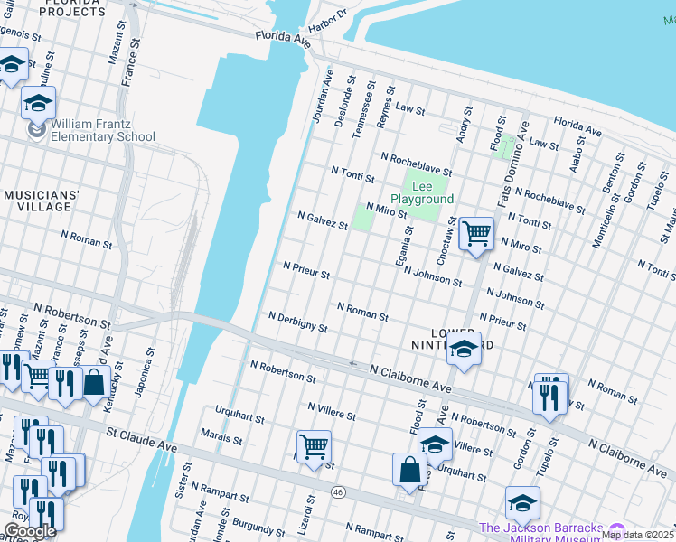 map of restaurants, bars, coffee shops, grocery stores, and more near 1910 Reynes Street in New Orleans