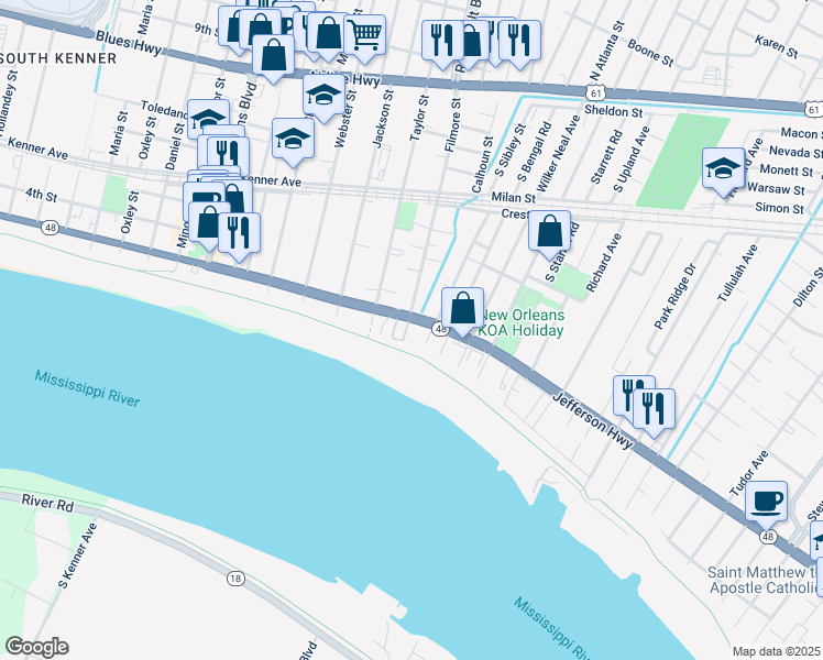 map of restaurants, bars, coffee shops, grocery stores, and more near 312 Filmore Street in Kenner