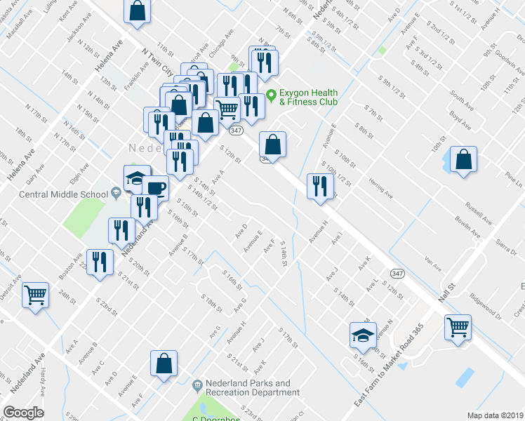 map of restaurants, bars, coffee shops, grocery stores, and more near 520 North 13th Street in Nederland