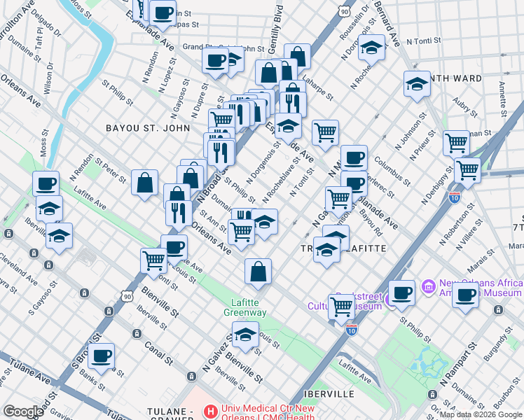 map of restaurants, bars, coffee shops, grocery stores, and more near 1010 North Rocheblave Street in New Orleans