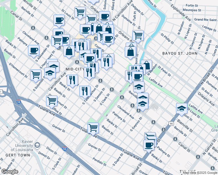 map of restaurants, bars, coffee shops, grocery stores, and more near 3603 Canal Street in New Orleans