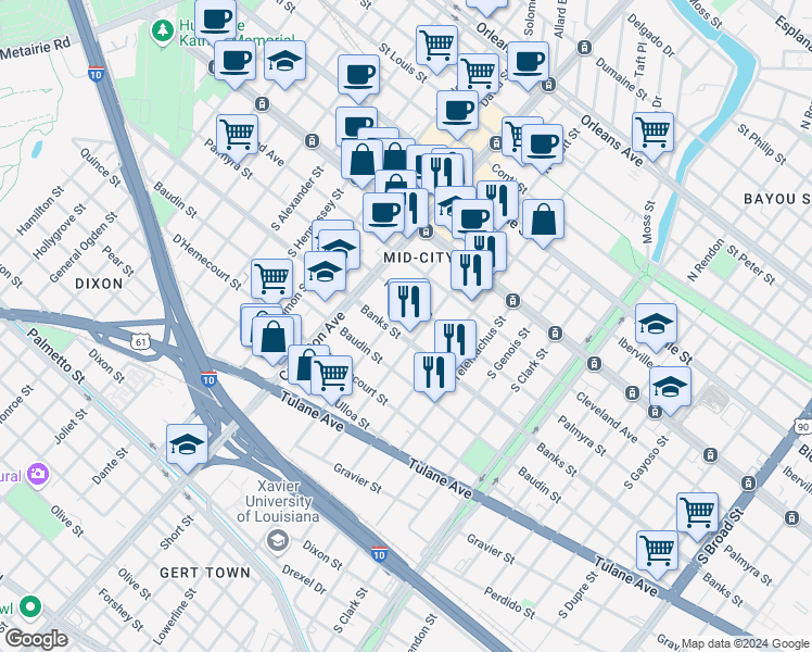 map of restaurants, bars, coffee shops, grocery stores, and more near in New Orleans