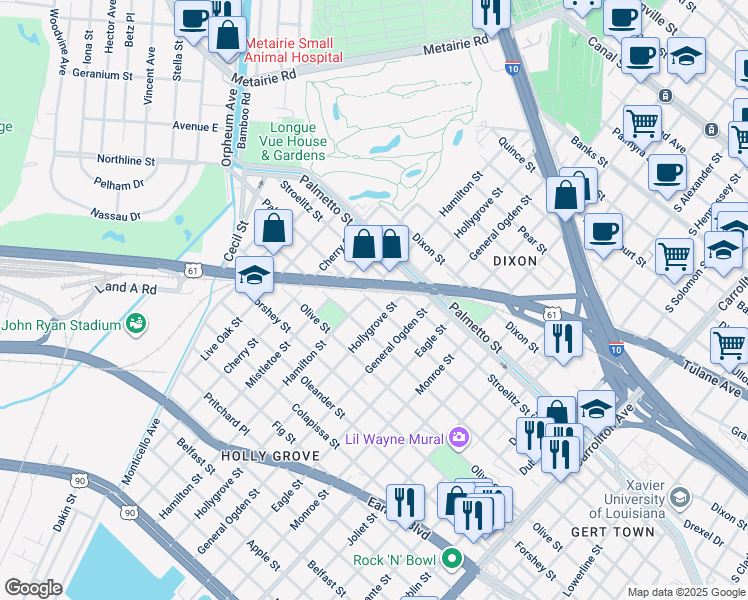 map of restaurants, bars, coffee shops, grocery stores, and more near 3534 Hamilton Street in New Orleans