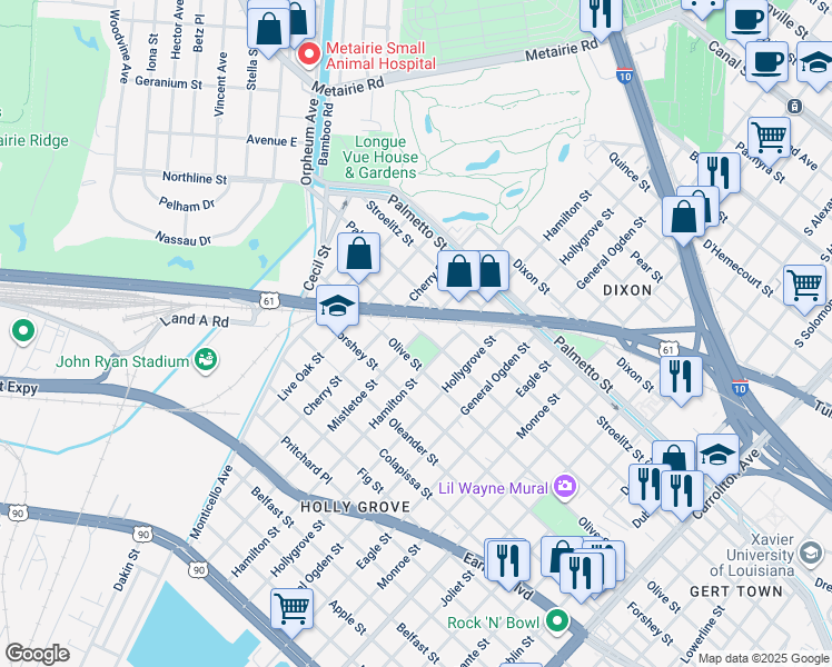 map of restaurants, bars, coffee shops, grocery stores, and more near 9320 Airline Highway in New Orleans