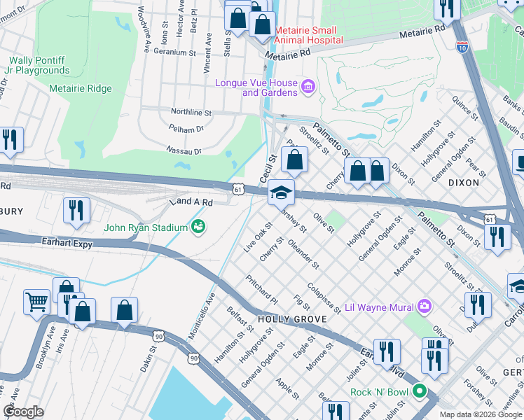 map of restaurants, bars, coffee shops, grocery stores, and more near 3200 Livingston Street in New Orleans