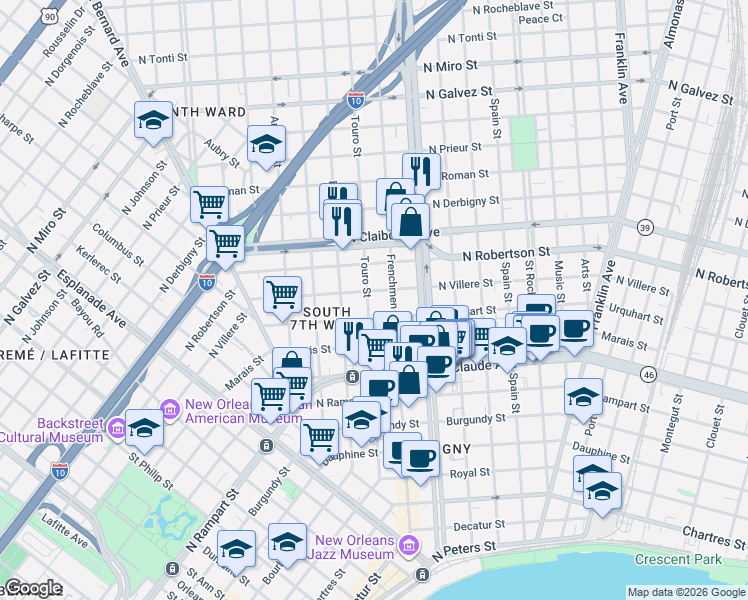 map of restaurants, bars, coffee shops, grocery stores, and more near 1400 Frenchmen Street in New Orleans
