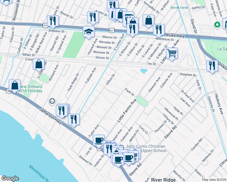 map of restaurants, bars, coffee shops, grocery stores, and more near 396 Tudor Avenue in River Ridge