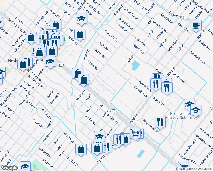 map of restaurants, bars, coffee shops, grocery stores, and more near 3001 8th Street in Port Neches