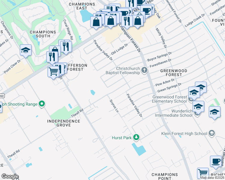 map of restaurants, bars, coffee shops, grocery stores, and more near 5931 Foresthaven Drive in Houston