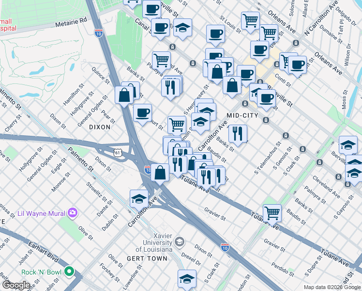 map of restaurants, bars, coffee shops, grocery stores, and more near 4210 D Hemecourt Street in New Orleans