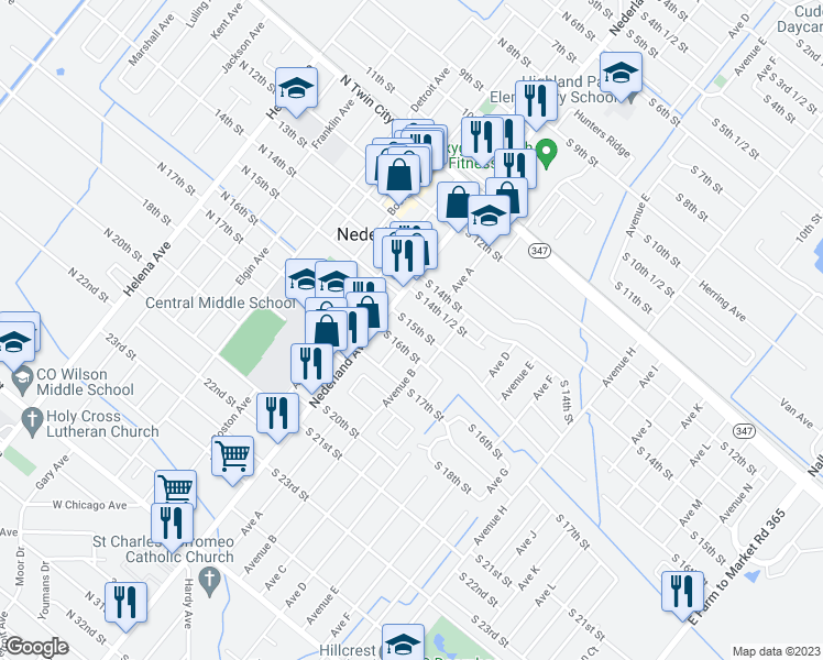 map of restaurants, bars, coffee shops, grocery stores, and more near 128 South 15th Street in Nederland