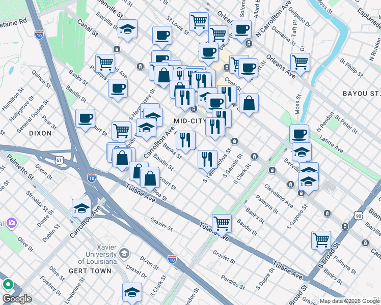map of restaurants, bars, coffee shops, grocery stores, and more near in New Orleans