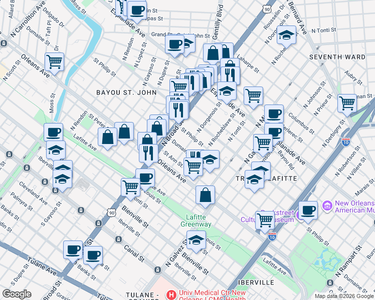 map of restaurants, bars, coffee shops, grocery stores, and more near in New Orleans