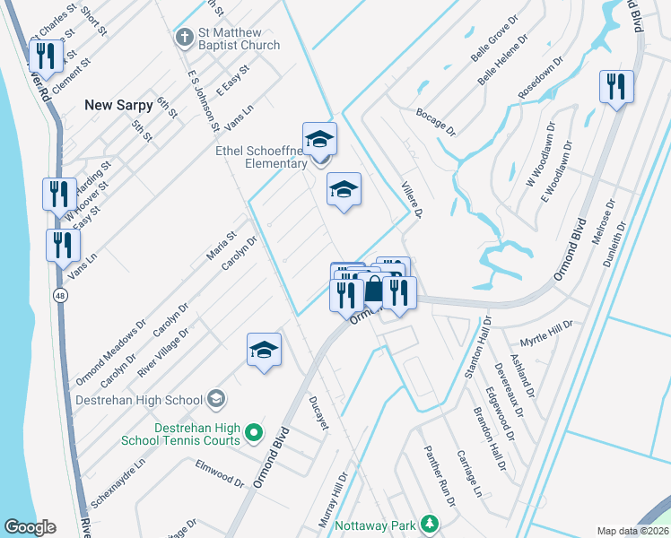 map of restaurants, bars, coffee shops, grocery stores, and more near 103 Valcour Lane in Destrehan