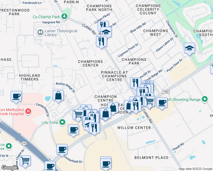map of restaurants, bars, coffee shops, grocery stores, and more near Paragon Court in Houston