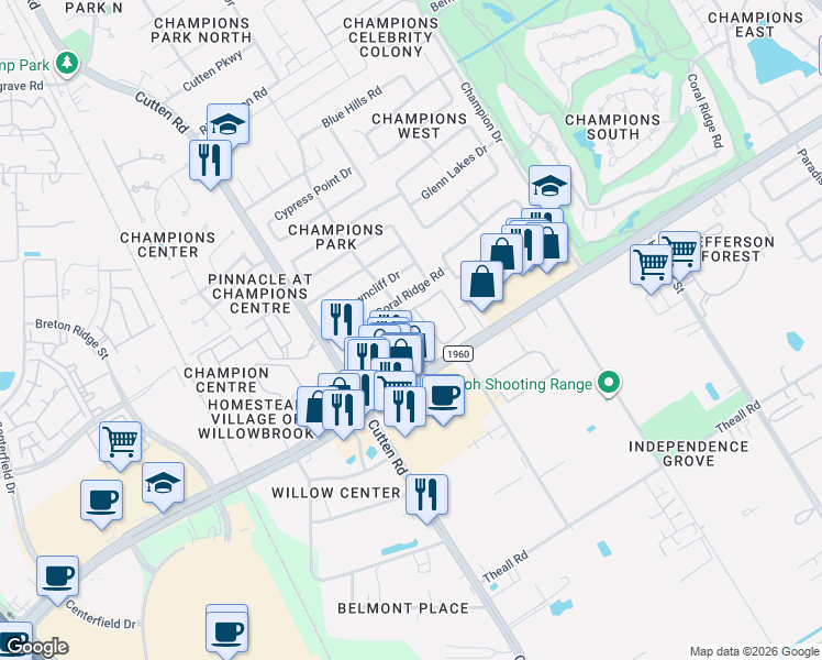map of restaurants, bars, coffee shops, grocery stores, and more near 915 Champions Park Drive in Houston