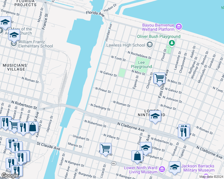 map of restaurants, bars, coffee shops, grocery stores, and more near 1910 Reynes Street in New Orleans