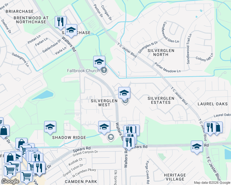 map of restaurants, bars, coffee shops, grocery stores, and more near 2851 Silver Tree in Houston