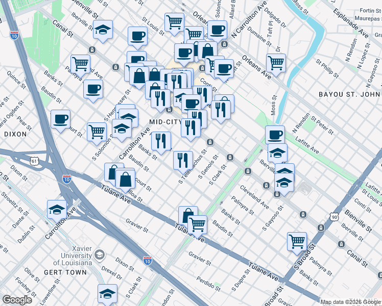 map of restaurants, bars, coffee shops, grocery stores, and more near in New Orleans