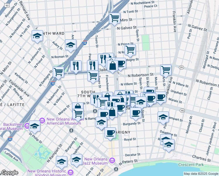 map of restaurants, bars, coffee shops, grocery stores, and more near 1400 Frenchmen Street in New Orleans