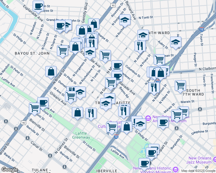 map of restaurants, bars, coffee shops, grocery stores, and more near 1232 North Galvez Street in New Orleans