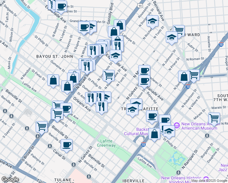 map of restaurants, bars, coffee shops, grocery stores, and more near 2339 Ursulines Avenue in New Orleans