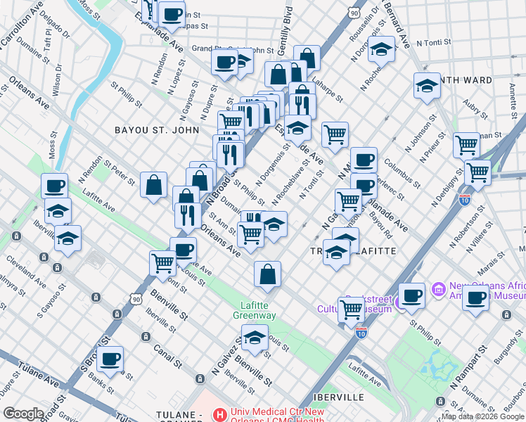 map of restaurants, bars, coffee shops, grocery stores, and more near 1010 North Rocheblave Street in New Orleans