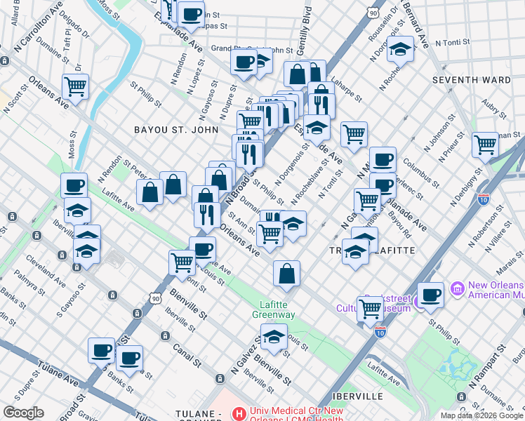 map of restaurants, bars, coffee shops, grocery stores, and more near in New Orleans