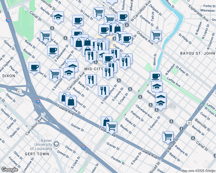 map of restaurants, bars, coffee shops, grocery stores, and more near in New Orleans