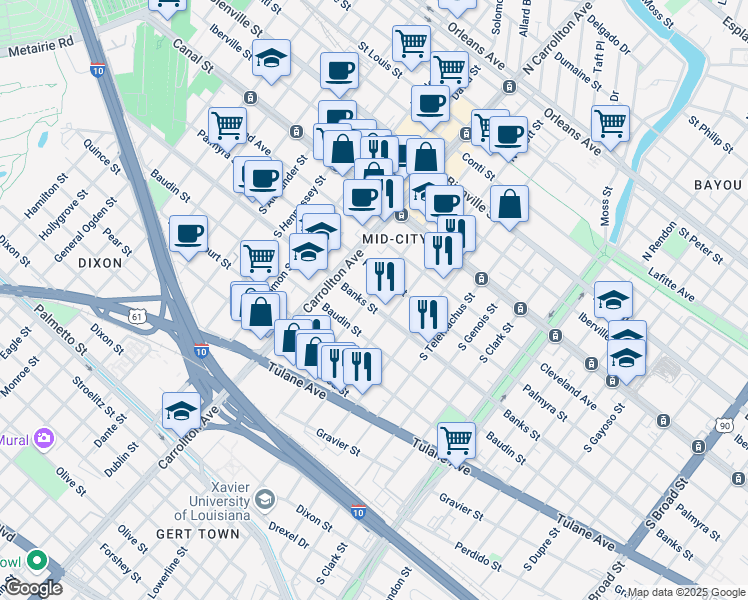 map of restaurants, bars, coffee shops, grocery stores, and more near 4013 Banks Street in New Orleans