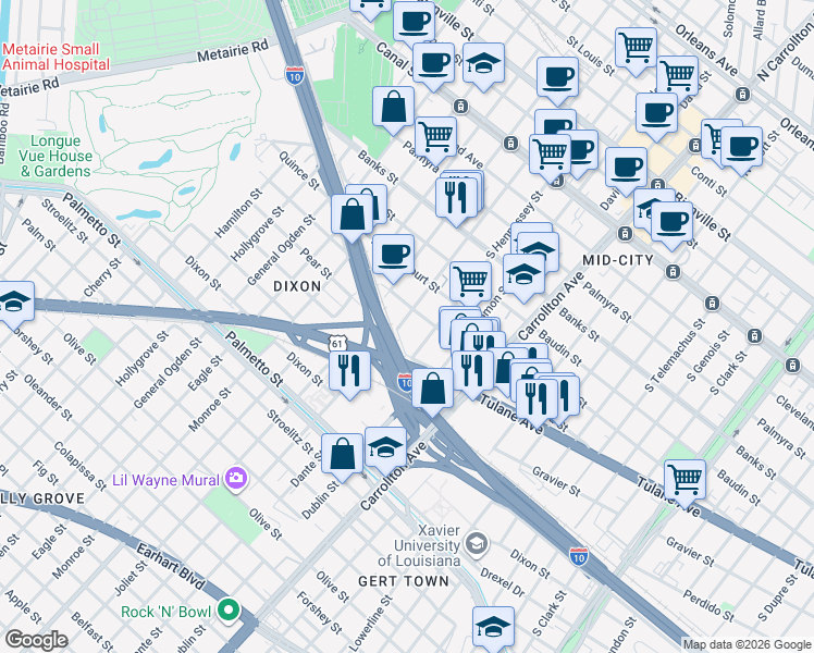 map of restaurants, bars, coffee shops, grocery stores, and more near 701 South Alexander Street in New Orleans