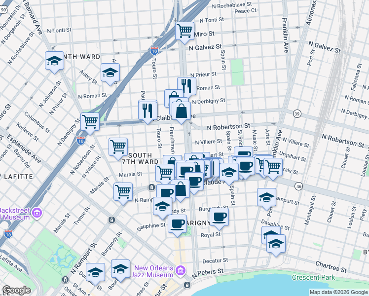 map of restaurants, bars, coffee shops, grocery stores, and more near in New Orleans