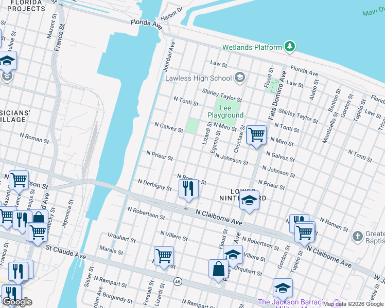 map of restaurants, bars, coffee shops, grocery stores, and more near 1927 Forstall Street in New Orleans