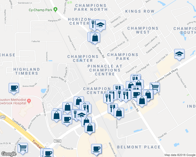 map of restaurants, bars, coffee shops, grocery stores, and more near 13229 Champions Centre Drive in Houston