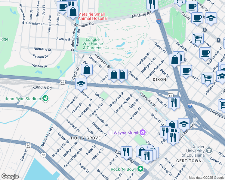 map of restaurants, bars, coffee shops, grocery stores, and more near 3534 Hamilton Street in New Orleans
