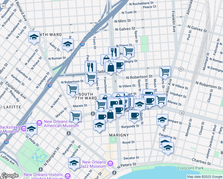 map of restaurants, bars, coffee shops, grocery stores, and more near in New Orleans
