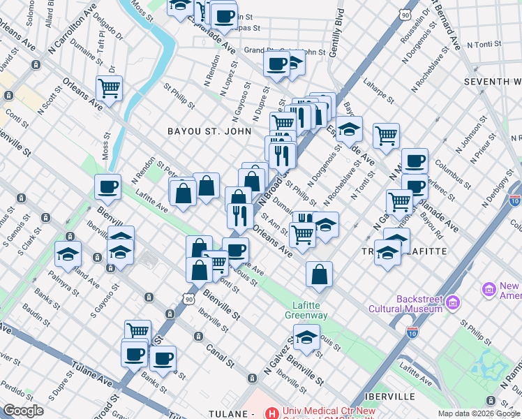 map of restaurants, bars, coffee shops, grocery stores, and more near 801 North Broad Street in New Orleans