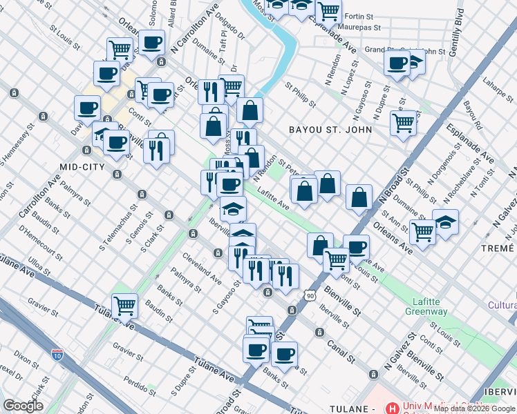 map of restaurants, bars, coffee shops, grocery stores, and more near 3211 Conti Street in New Orleans