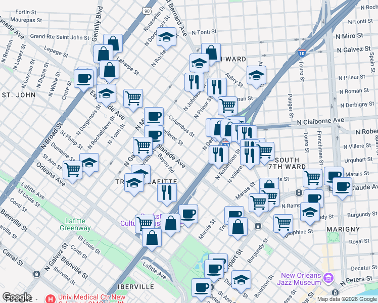 map of restaurants, bars, coffee shops, grocery stores, and more near 1717 Kerlerec Street in New Orleans