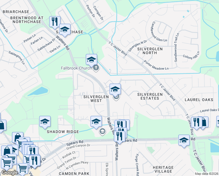 map of restaurants, bars, coffee shops, grocery stores, and more near 2835 Silver Tree in Houston