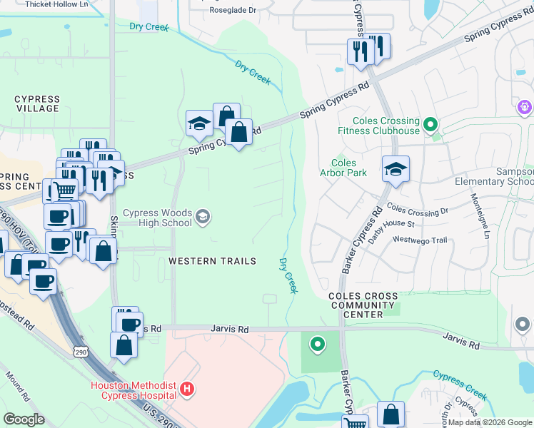 map of restaurants, bars, coffee shops, grocery stores, and more near 16503 Tejas Trail in Cypress
