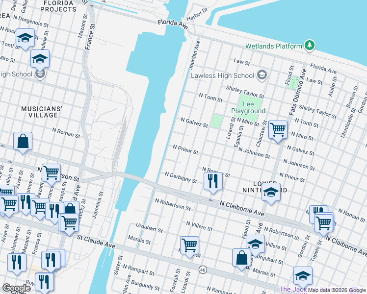 map of restaurants, bars, coffee shops, grocery stores, and more near 1911 Deslonde Street in New Orleans