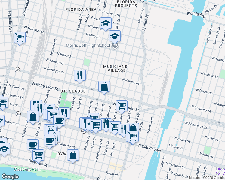 map of restaurants, bars, coffee shops, grocery stores, and more near 1625 Alvar Street in New Orleans