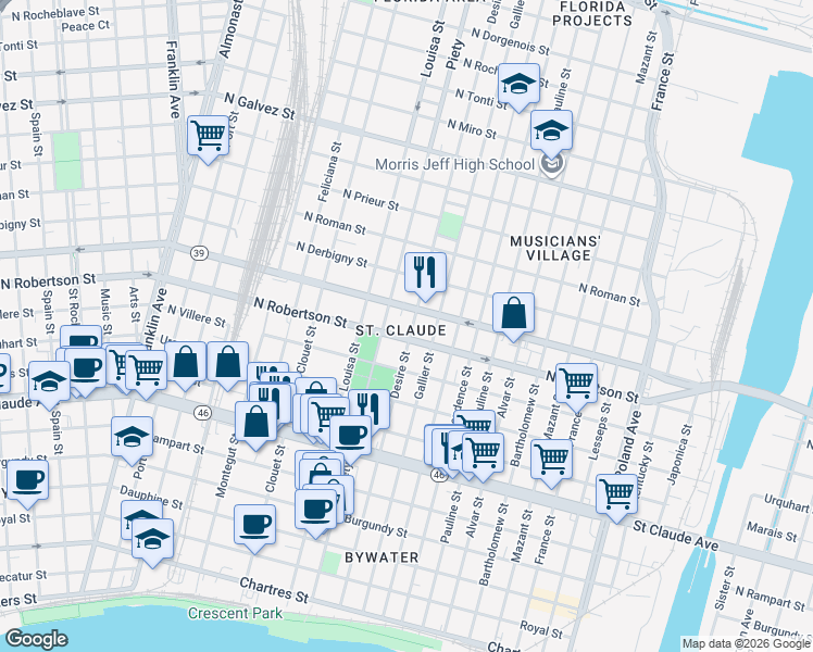 map of restaurants, bars, coffee shops, grocery stores, and more near in New Orleans