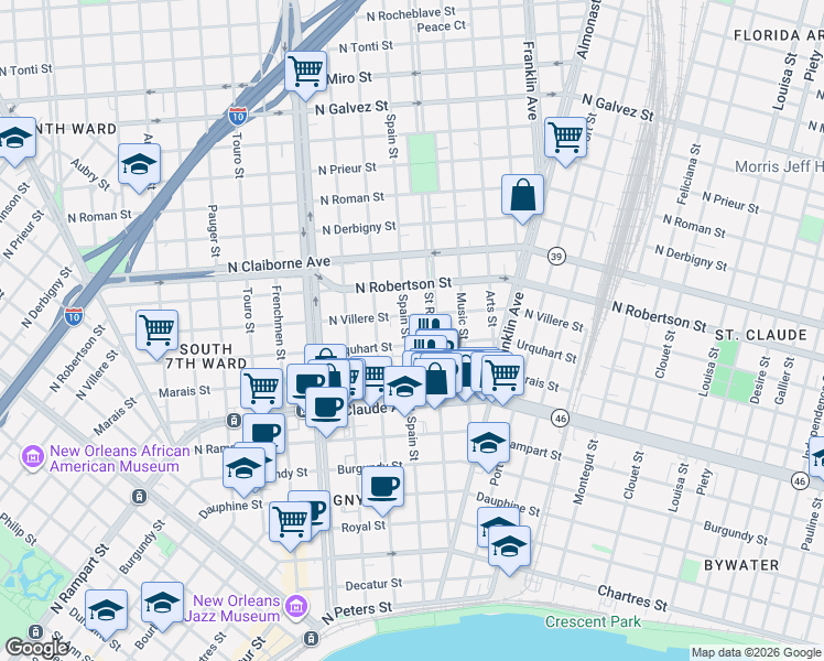 map of restaurants, bars, coffee shops, grocery stores, and more near 1324 Saint Roch Avenue in New Orleans