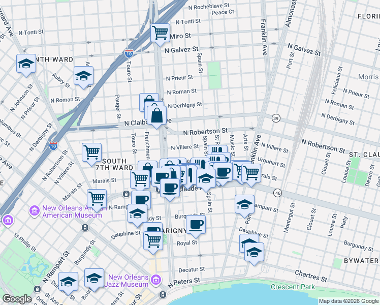 map of restaurants, bars, coffee shops, grocery stores, and more near in New Orleans